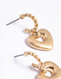 Worn Gold Mini Heart Drop Hoop Earrings - link has visual effect only