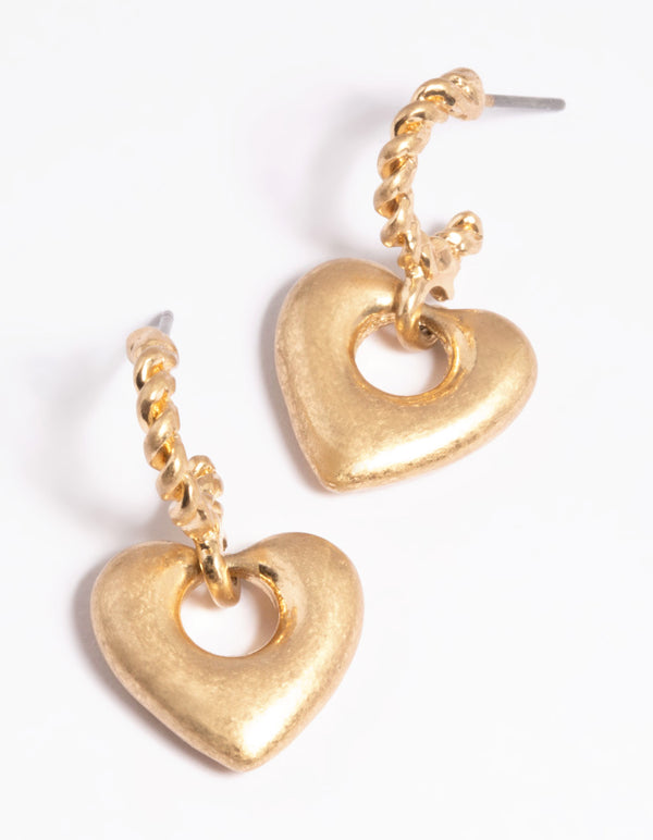 Worn Gold Mini Heart Drop Hoop Earrings