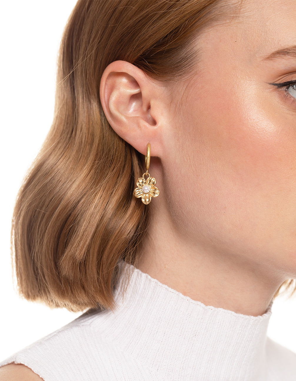 Worn Flower Pearl Mini Hoop Earrings