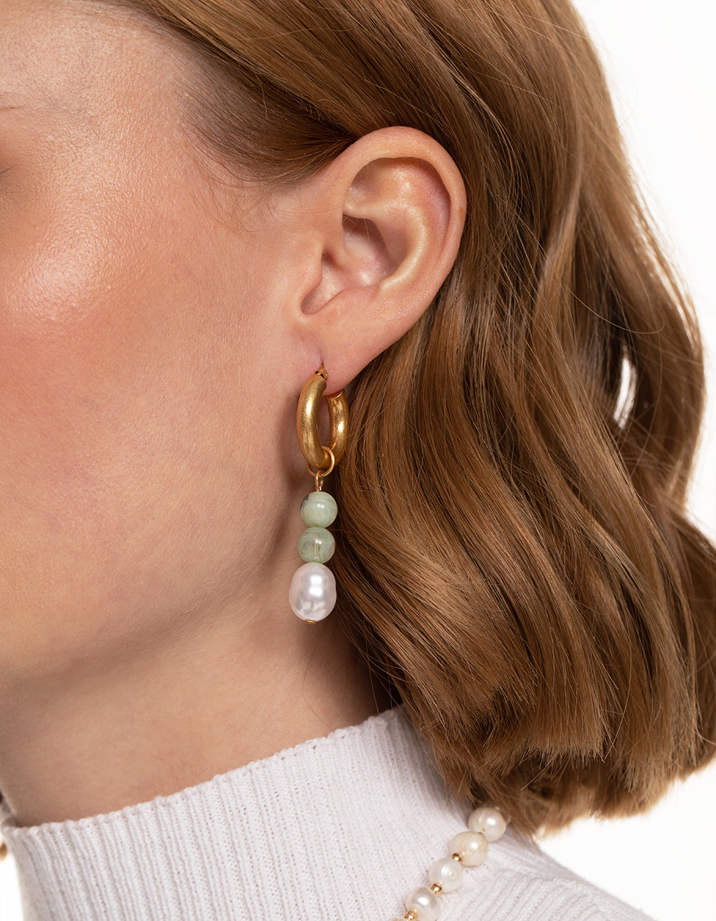 Worn Gold Green Bead & Pearl Drop Earrings