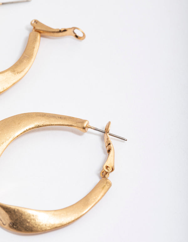 Worn Gold Oval Twisted Large Hoop Earrings