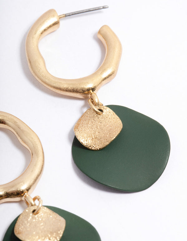 Worn Gold Double Disc Charm Hoop Earrings