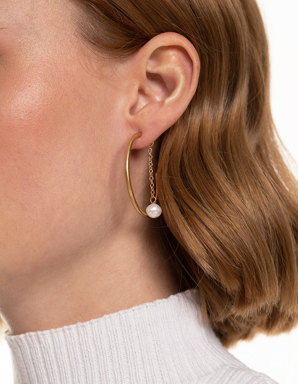 Worn Gold Freshwater Pearl Chain Hoop Earrings