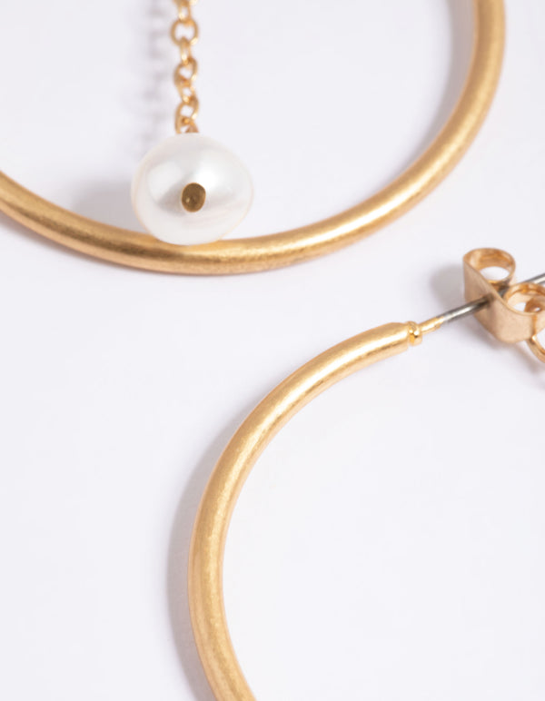 Worn Gold Freshwater Pearl Chain Hoop Earrings