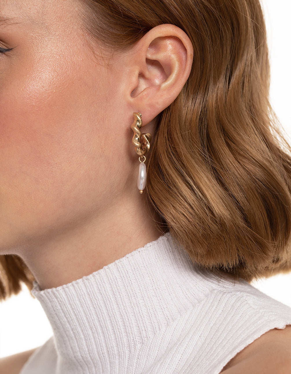 Worn Gold Twist Hoop Pearl Drop Earrings