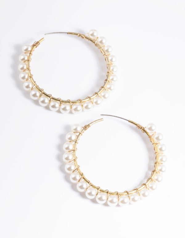 Worn Gold Pearl Fine Medium Hoop Earrings