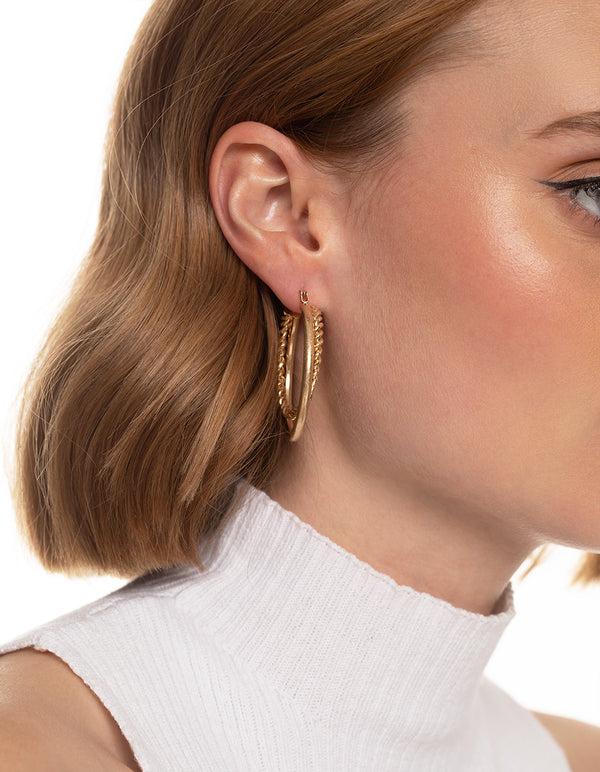 Worn Gold Twist & Plain 2 Hoop Earrings