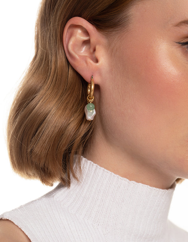 Worn Gold Pearl Three Charm Hoop Earrings