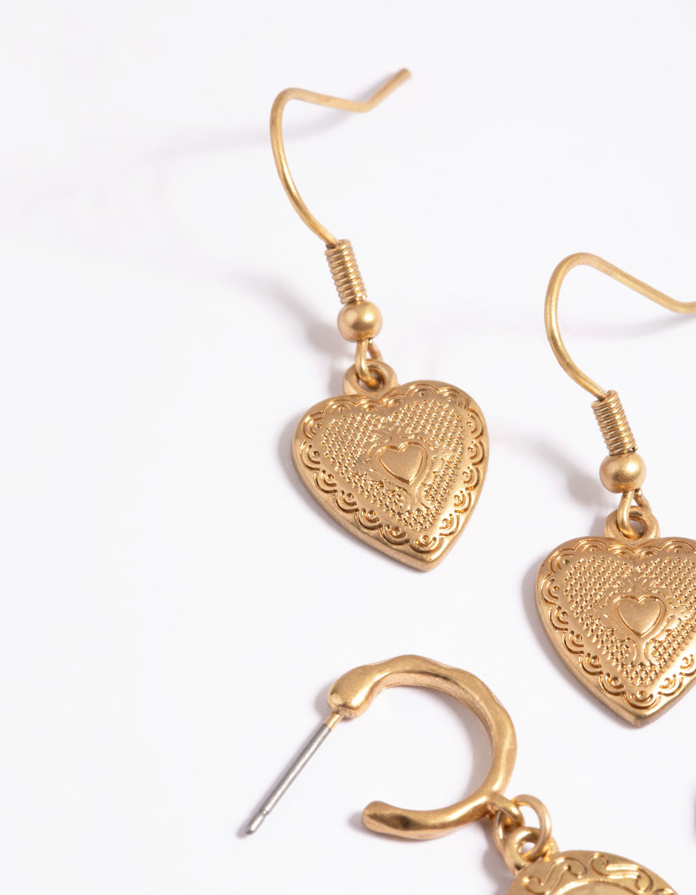 Worn Gold Antique Heart & Disc Earrings Pack
