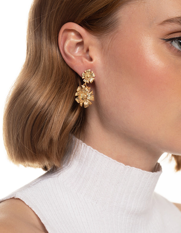 Worn Gold Flower Drop Earrings
