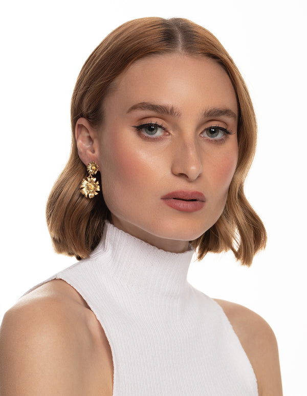 Worn Gold Flower Drop Earrings