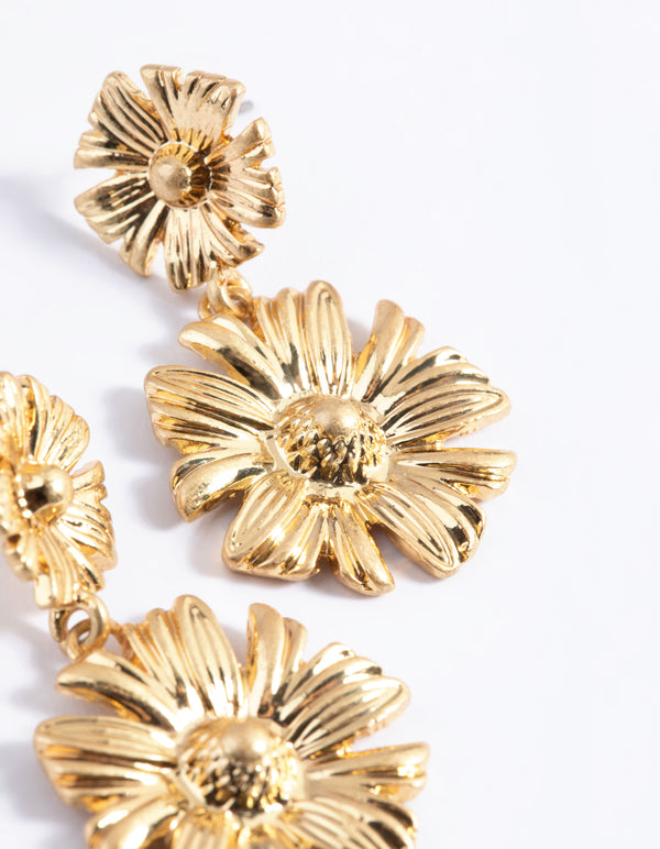 Worn Gold Flower Drop Earrings