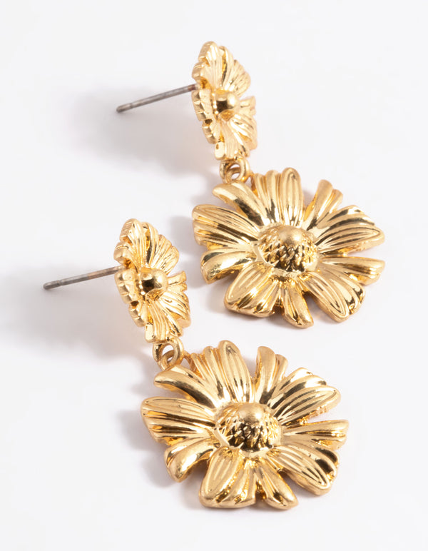 Worn Gold Flower Drop Earrings