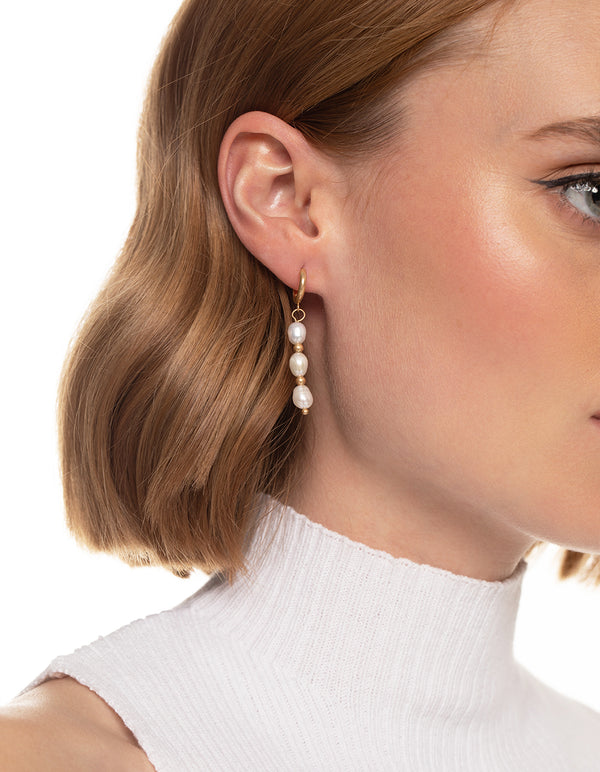 Worn Gold Freshwater Pearl Drop Huggie Earrings