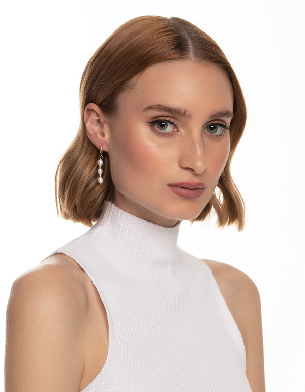 Worn Gold Freshwater Pearl Drop Huggie Earrings