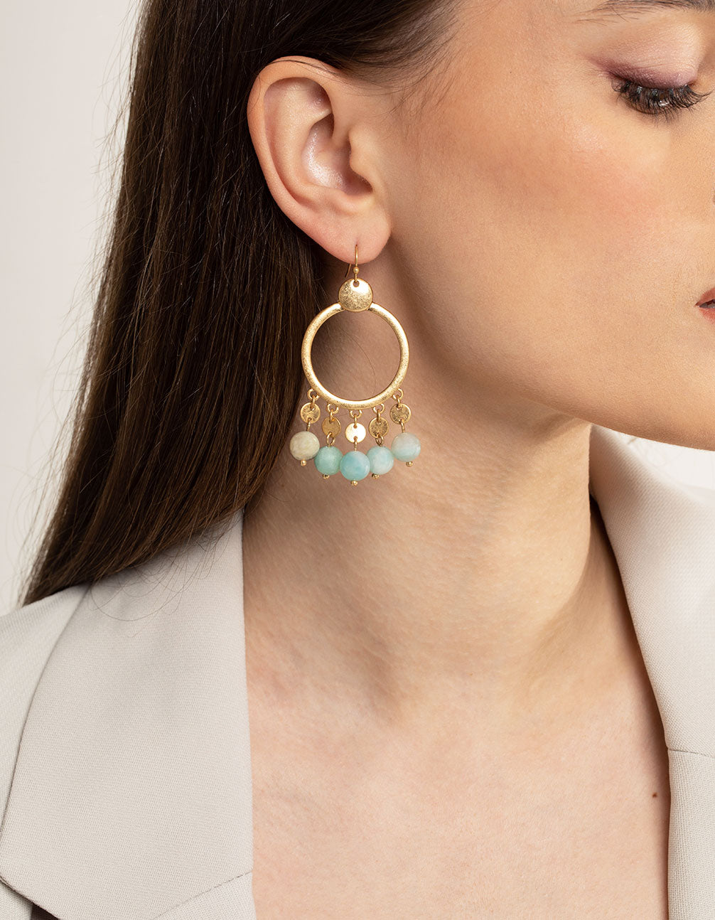Worn Gold Disc Semi-Precious Ball Large Earrings
