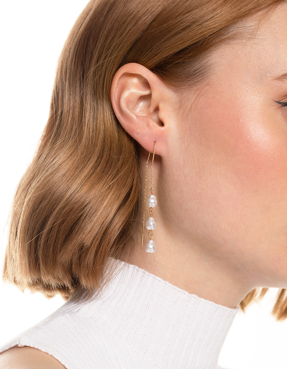 Worn Gold Three Pearl Threader Earrings