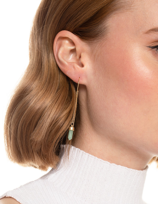 Worn Gold Threader Green Crystal Earrings