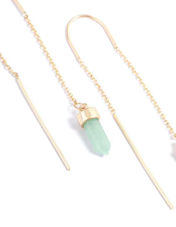 Worn Gold Threader Green Crystal Earrings