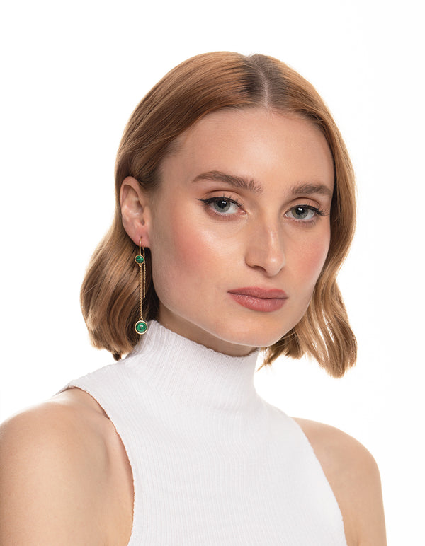 Worn Gold Round Green Stone Threader Earrings