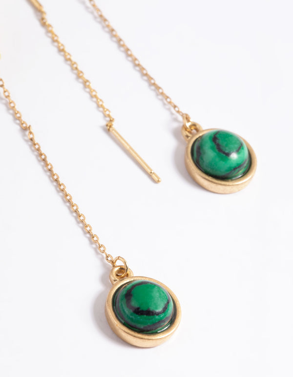 Worn Gold Round Green Stone Threader Earrings