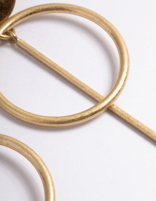 Worn Gold Disc & Bar Drop Earrings