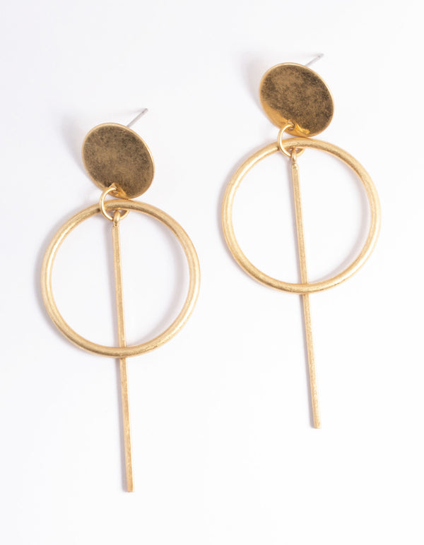 Worn Gold Disc & Bar Drop Earrings