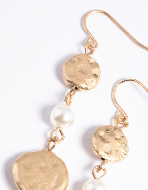 Worn Gold Pearl & Textured Disc Drop Earrings