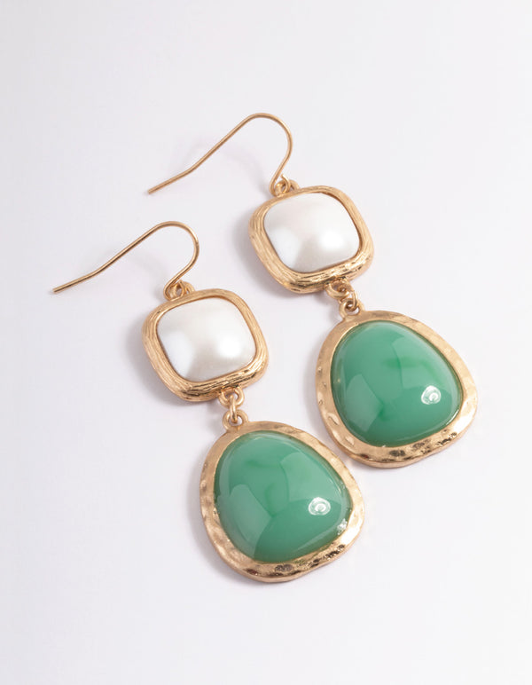 Worn Gold Pearl & Stone Drop Earrings