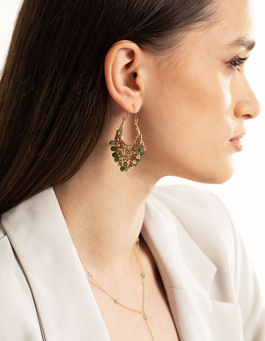 Worn Gold Green Beaded Chandbali Earrings