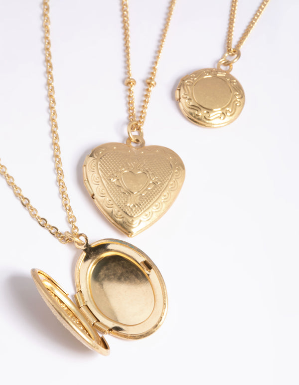Worn Gold Mix Locket Triple Row Necklace