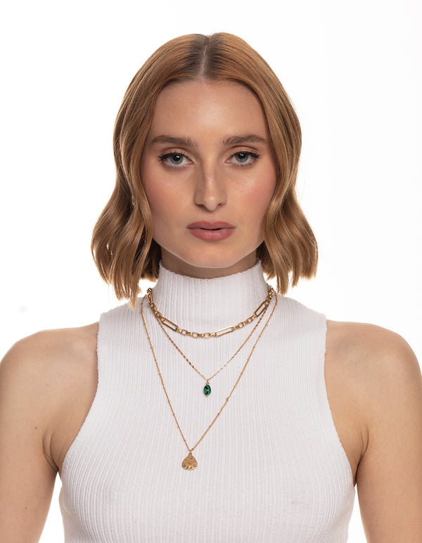 Worn Gold Multi Row Stone Coin Necklace