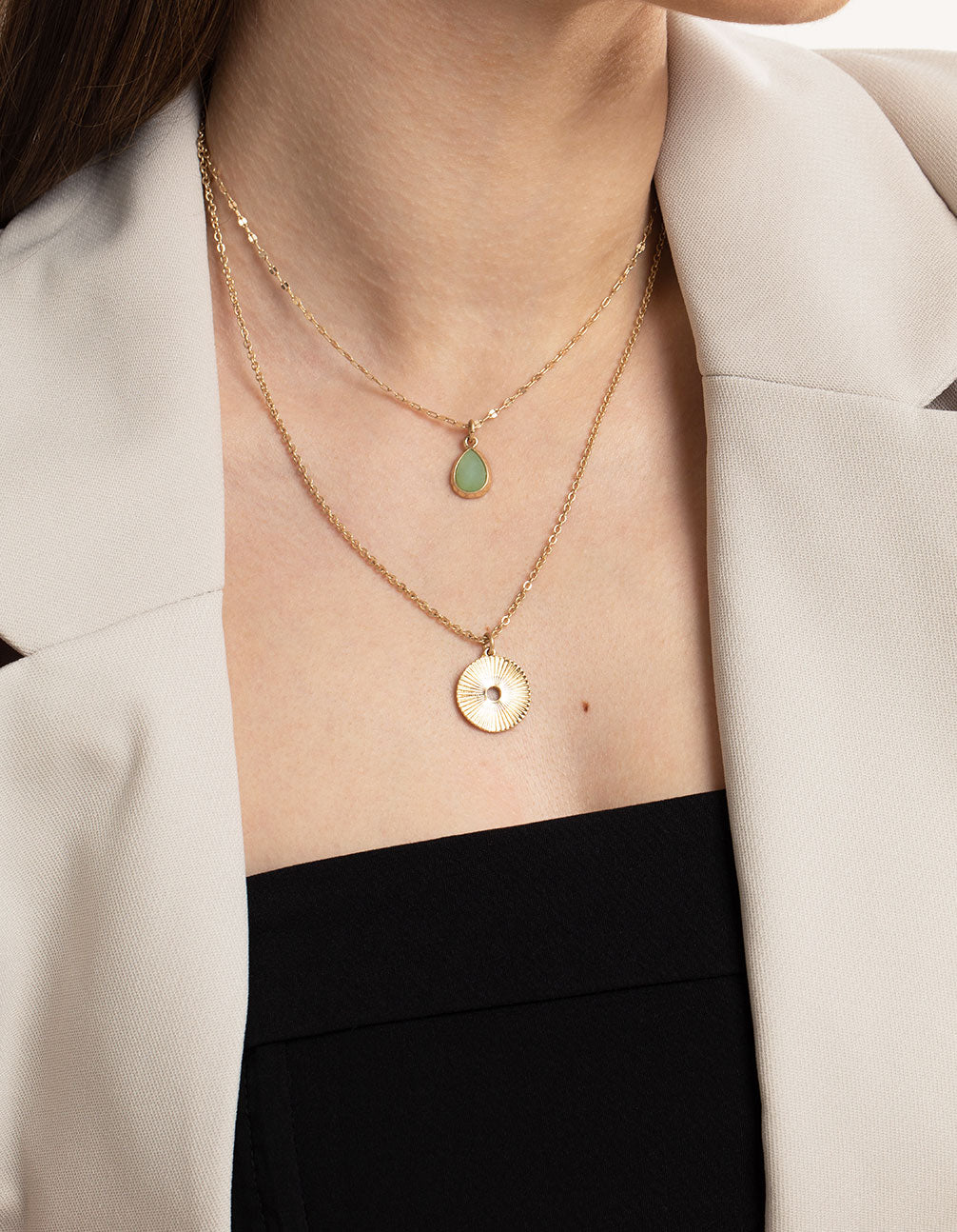 Worn Gold Green Teardrop & Disc Necklace