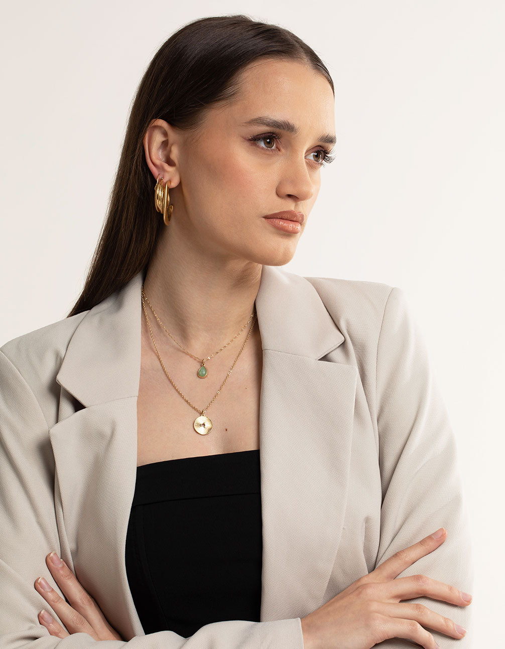Worn Gold Green Teardrop & Disc Necklace