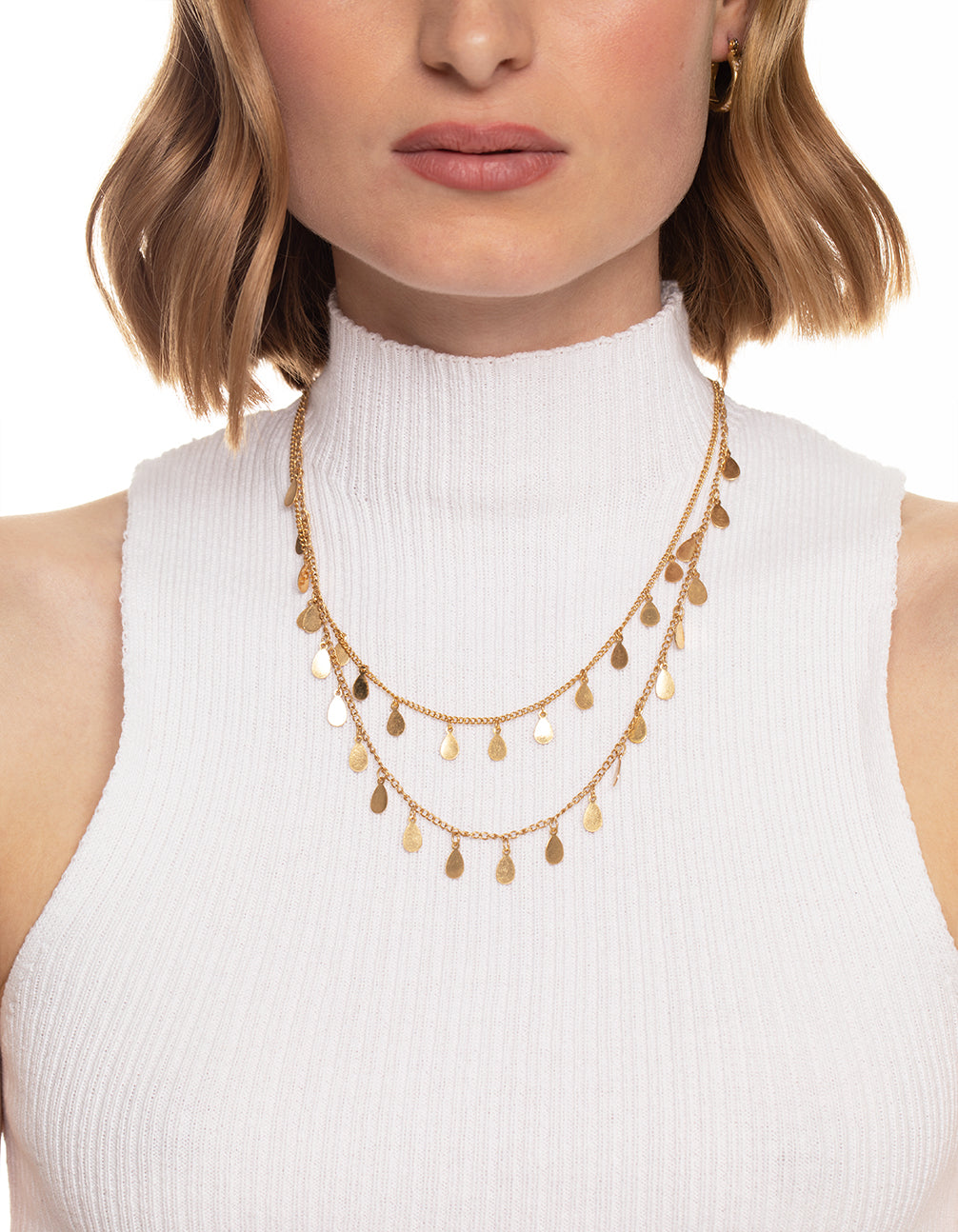 Worn Gold Multi Disc Drop 2 Layer Necklace