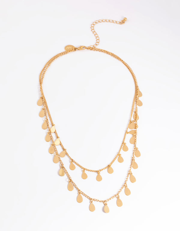 Worn Gold Multi Disc Drop 2 Layer Necklace