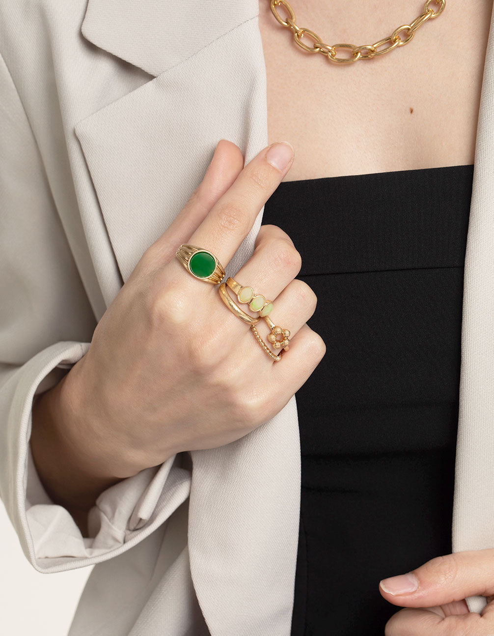 Worn Gold Multi Green Statement Ring Pack