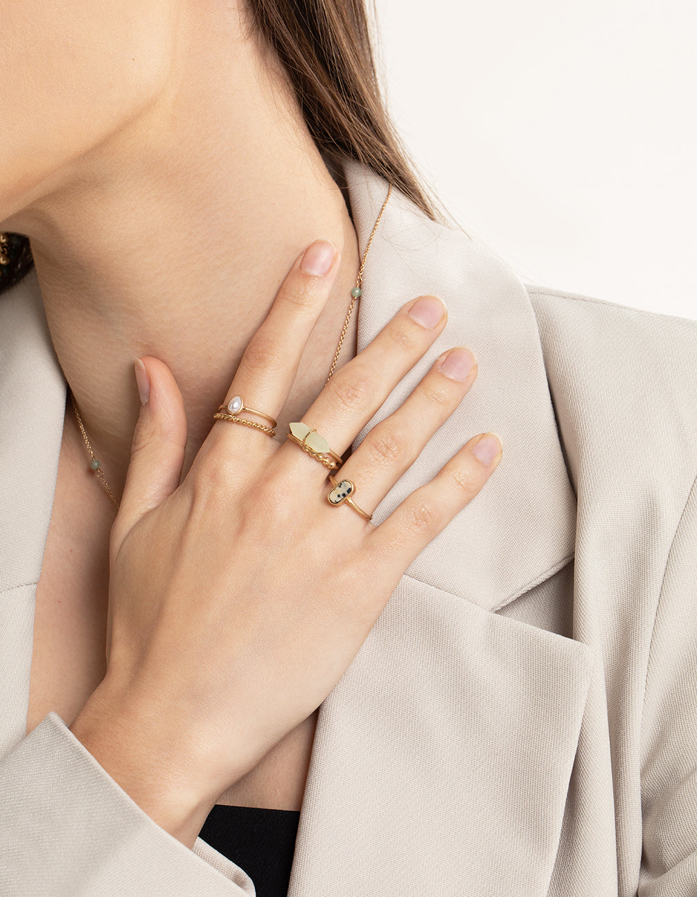 Worn Gold Mixed Green & Pearl Ring Pack