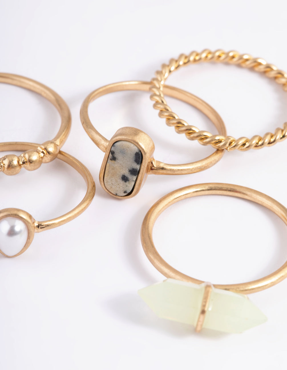 Worn Gold Mixed Green & Pearl Ring Pack