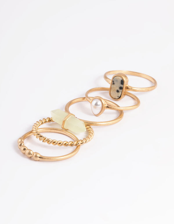 Worn Gold Mixed Green & Pearl Ring Pack