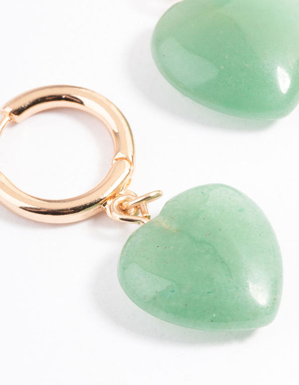 Gold Green Aventurine Heart Huggie Earrings