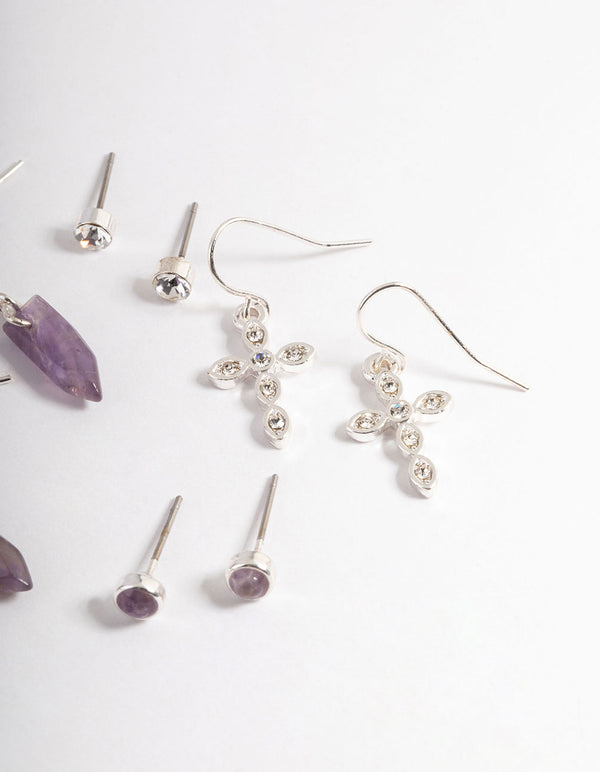 Silver Amethyst Cross Stack Earring Pack