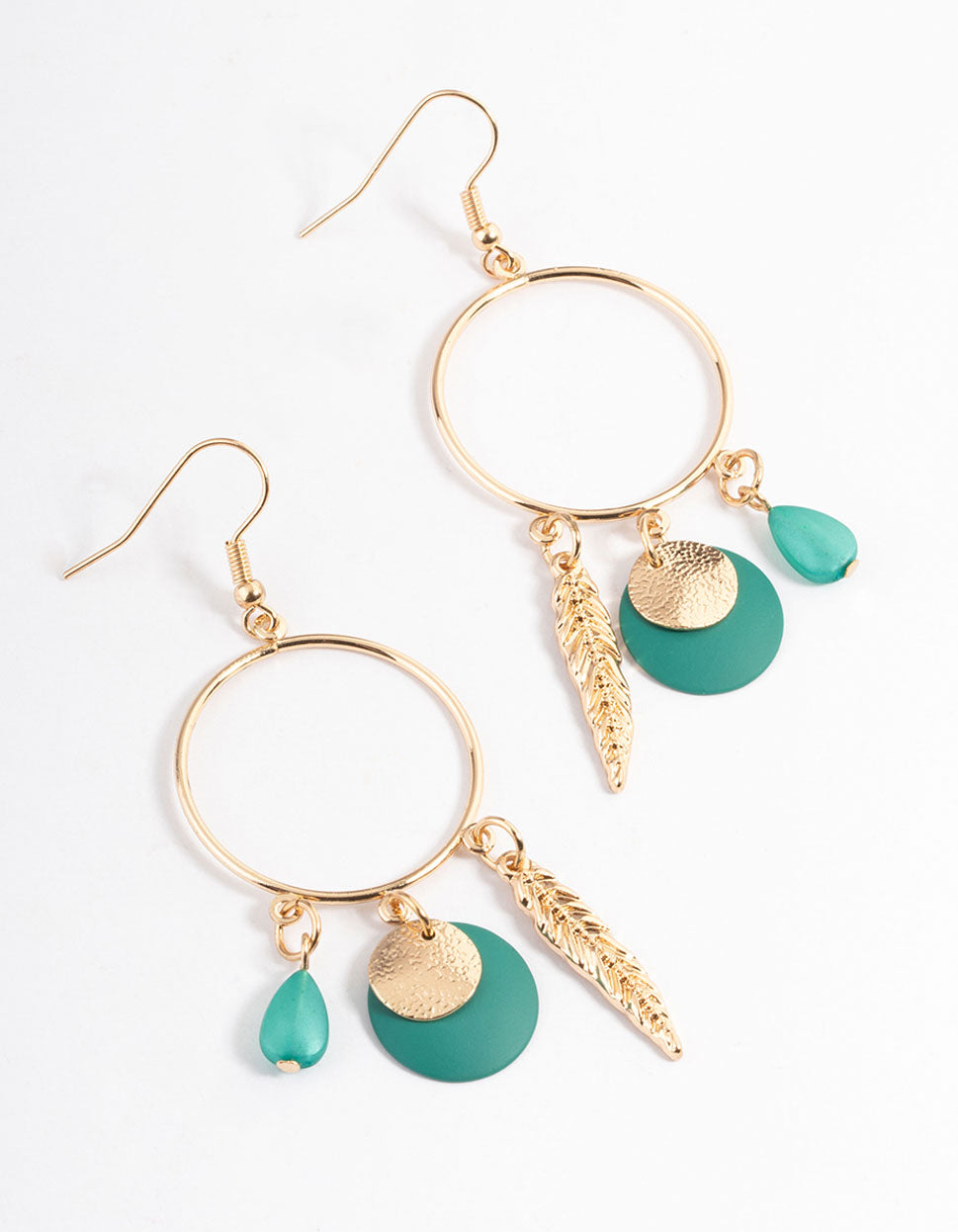 Gold Circle Feather Disc Drop Earrings