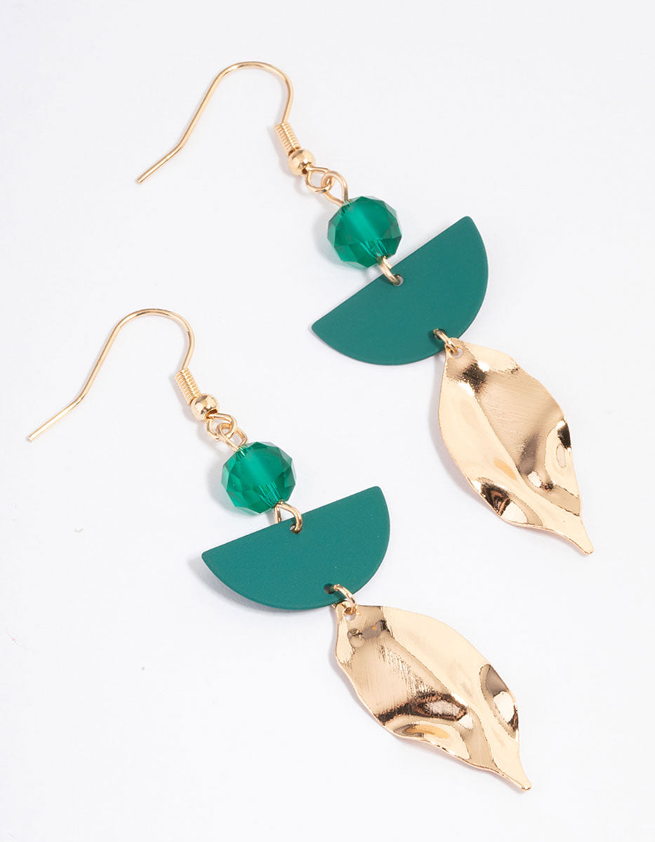 Gold Bead Geometric Leaf Drop Earrings