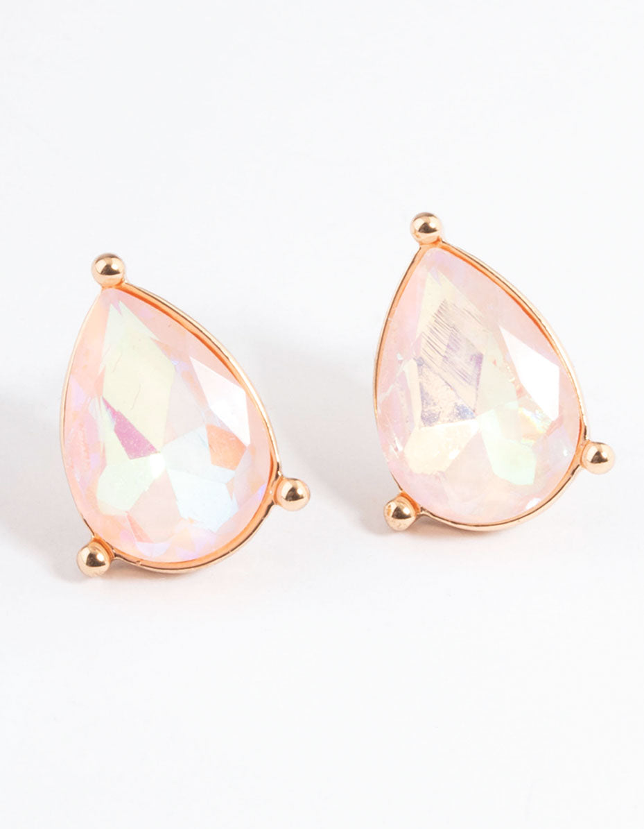 Gold Pear Pink Stud Earrings