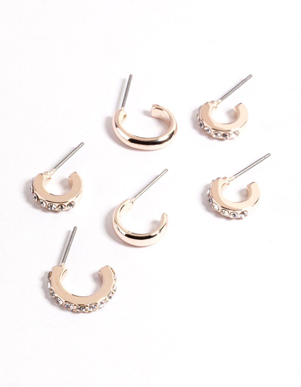 Rose Gold Plain & Diamante Hoop Stack Earrings