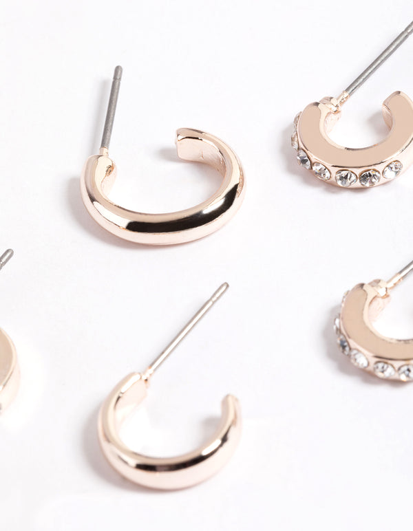 Rose Gold Plain & Diamante Hoop Stack Earrings