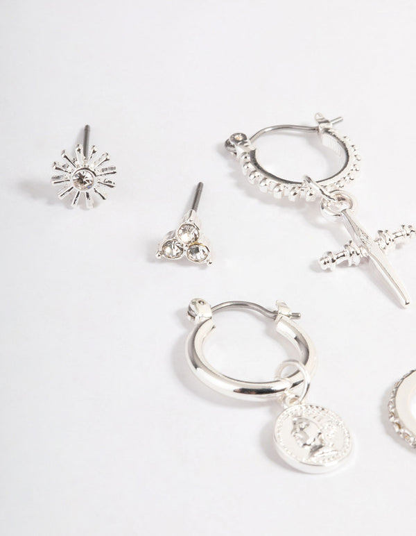 Silver Dagger & Coin Stack Earrings