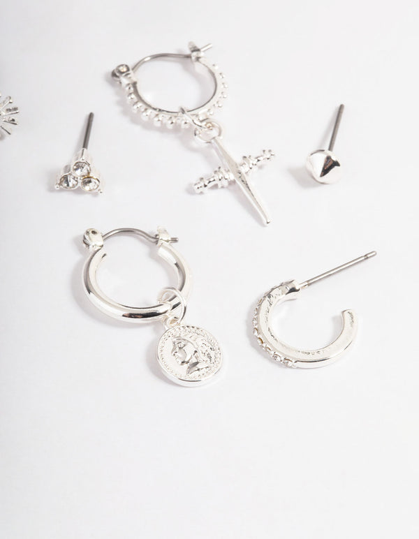 Silver Dagger & Coin Stack Earrings
