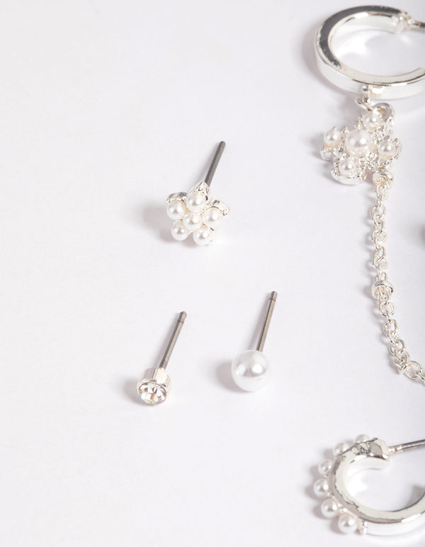 Silver Halo Pearl & Diamante Stack Earrings